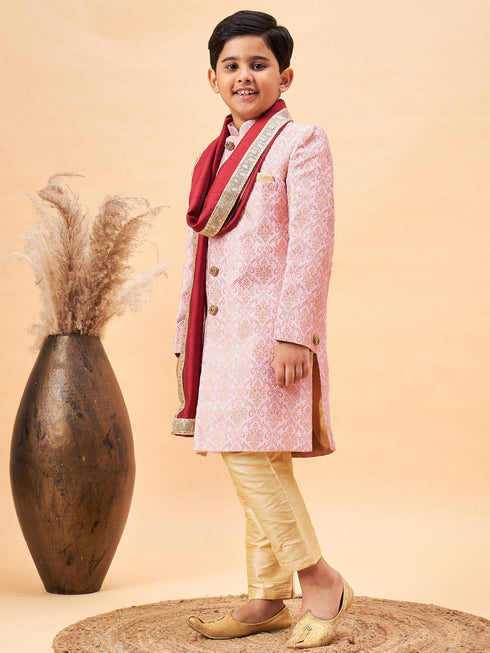 Boy's Pink & Gold-Colored Woven-Design Brocade Slim Fit Sherwani Set With Maroon Color Dupatta