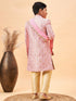 Boy's Pink & Gold-Colored Woven-Design Brocade Slim Fit Sherwani Set With Pink Colour Dupatta