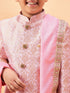 Boy's Pink & Gold-Colored Woven-Design Brocade Slim Fit Sherwani Set With Pink Colour Dupatta