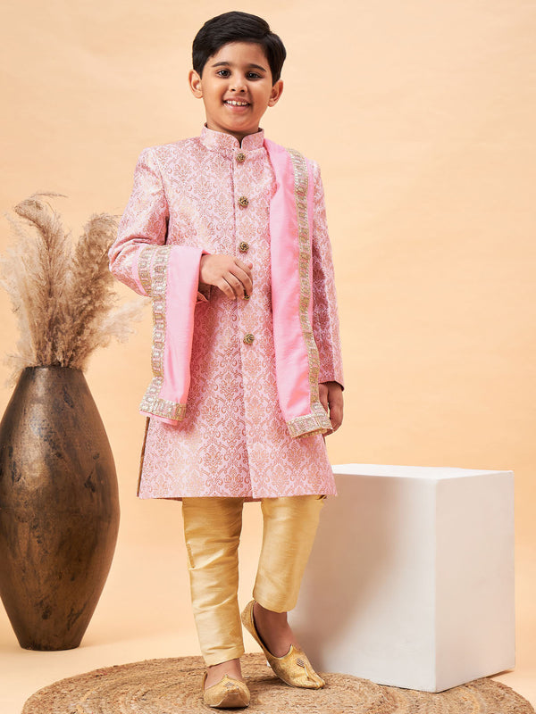 Boy's Pink & Gold-Colored Woven-Design Brocade Slim Fit Sherwani Set With Pink Colour Dupatta