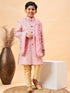 Boy's Pink & Gold-Colored Woven-Design Brocade Slim Fit Sherwani Set With Pink Colour Dupatta