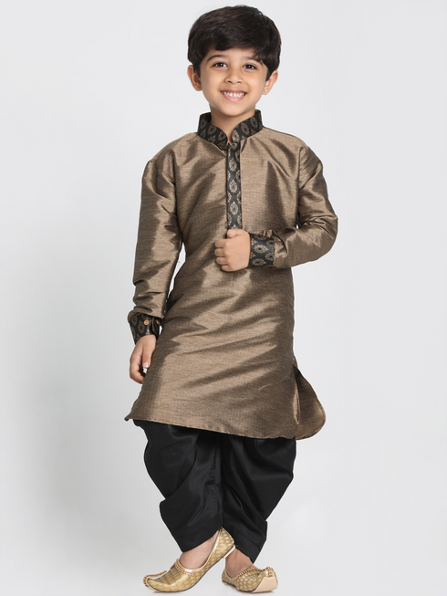 Boys' Black Cotton Silk Blend Kurta and Dhoti Pant Set