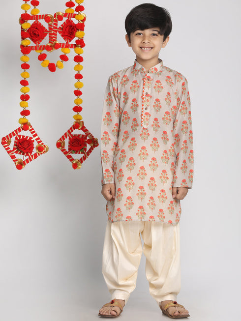 Boy's' Multicolor-Base-Beige Printed Kurta
