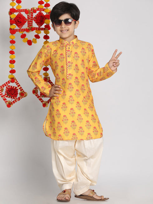 Boy's' Multicolor-Base-Mustard Printed Kurta