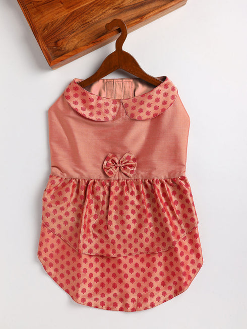 Dogs' Pink Printed Flared Frock With Attached Bow