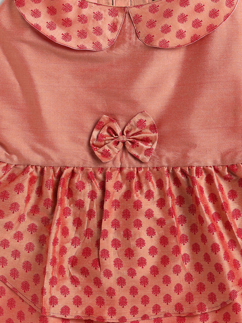 Dogs' Pink Printed Flared Frock With Attached Bow