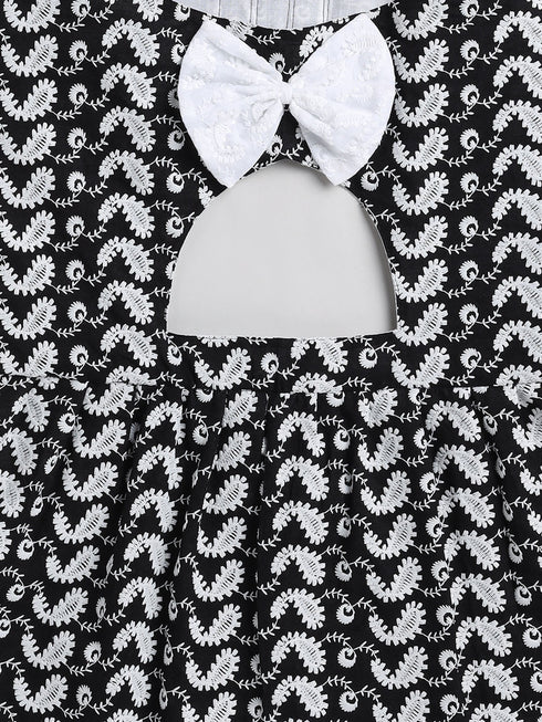 Dogs' Black Chikankari Flared Dress With Attached Bow