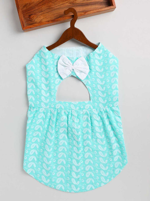 Dogs' Green Chikankari Flared Dress With Attached Bow