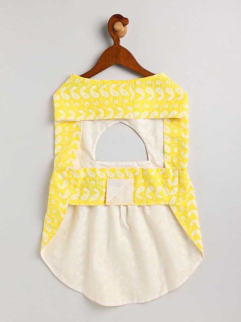 Dogs' Yellow Chikankari Flared Dress With Attached Bow