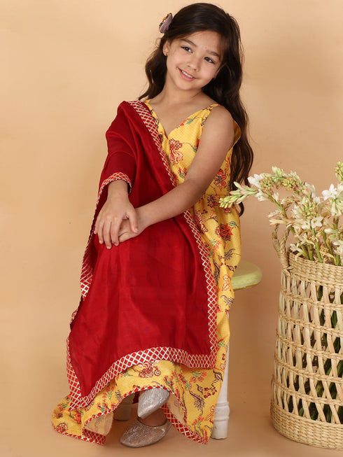 Girl's Yellow Floral Print Anarkali Kurta With Dupatta
