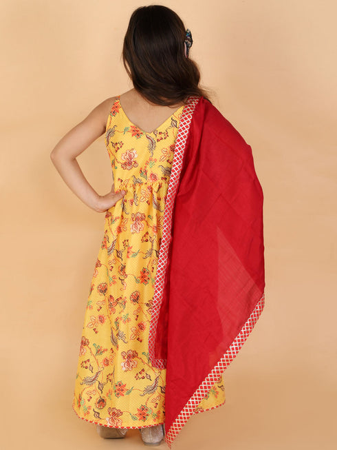 Girl's Yellow Floral Print Anarkali Kurta With Dupatta