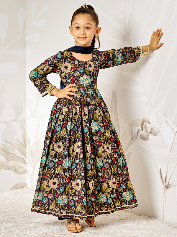 Girl's Black Floral Cotton Anarkali Pyjama Set With Dupatta