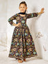 Girl's Black Floral Cotton Anarkali Pyjama Set With Dupatta