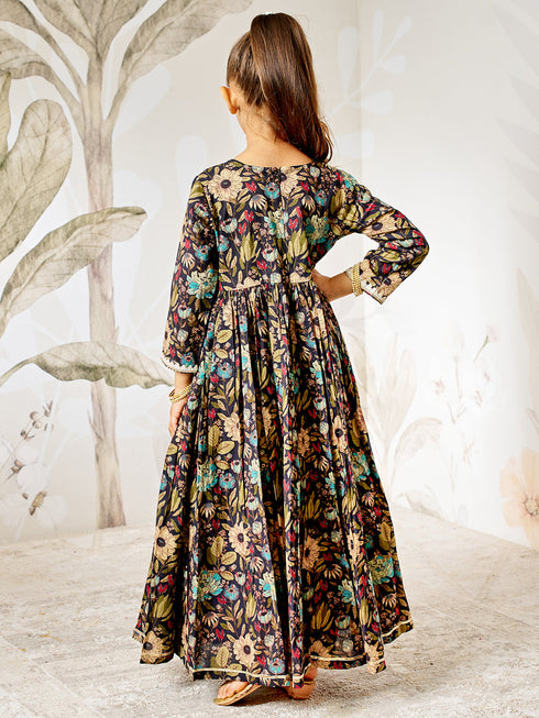 Girl's Black Floral Cotton Anarkali Pyjama Set With Dupatta