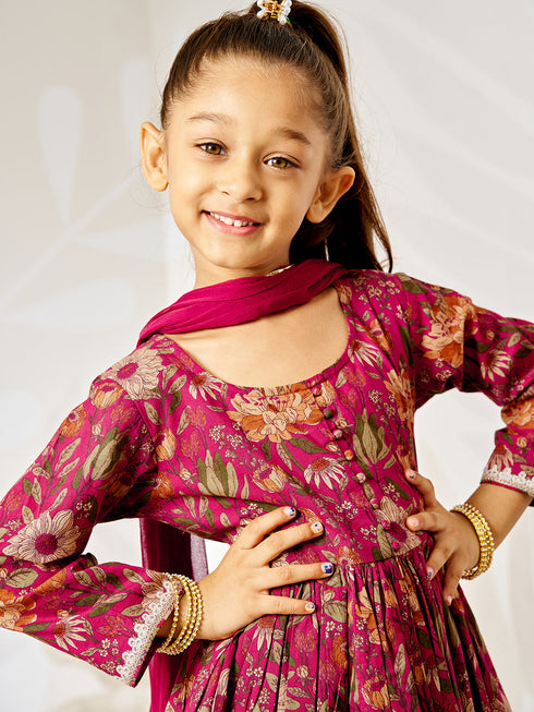 Girl's Falsa Floral Cotton Anarkali Pyjama Set With Dupatta