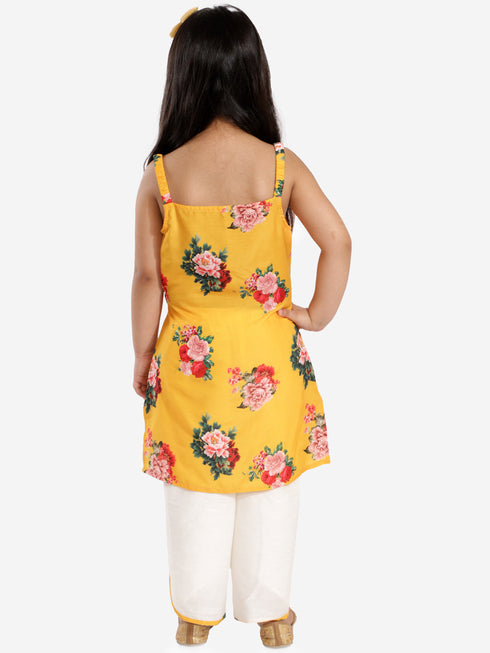 Girl's' Floral Printed Cotton Silk Kurta And Tulip Pants