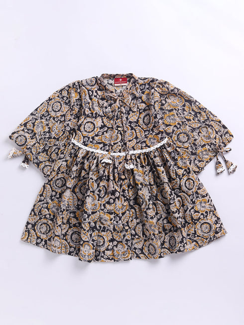 Girl's Black Cotton Dress With Kalamkari Print