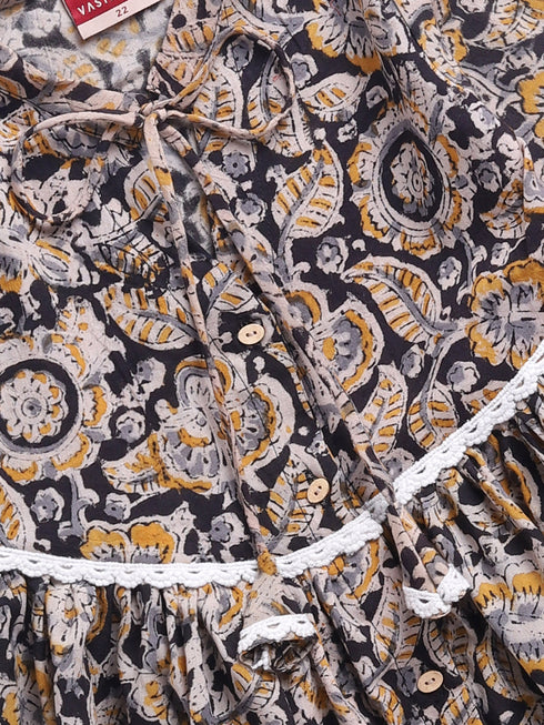 Girl's Black Cotton Dress With Kalamkari Print