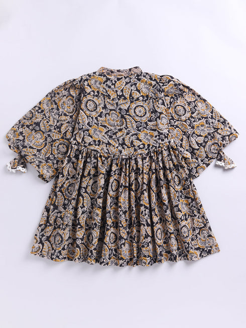 Girl's Black Cotton Dress With Kalamkari Print