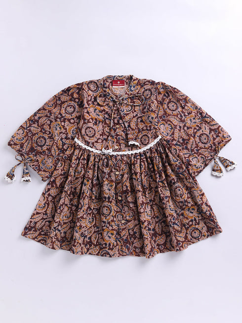 Girl's Red Cotton Dress With Kalamkari Print