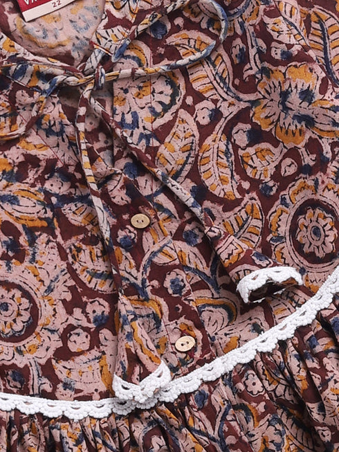 Girl's Red Cotton Dress With Kalamkari Print