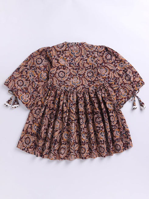 Girl's Red Cotton Dress With Kalamkari Print