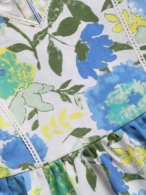 Blue Floral Cotton Dress For Girl's