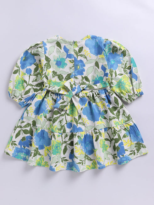Blue Floral Cotton Dress For Girl's