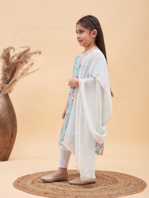 Girl's Aqua Blue Floral Printed Kurta With Leggings And Dupatta Set