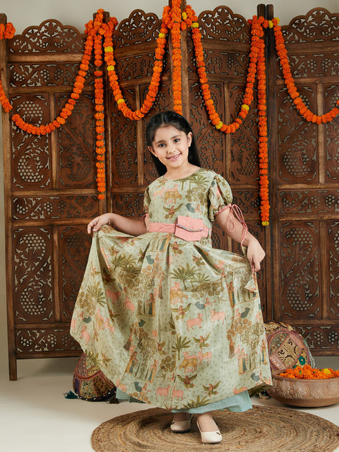 Girl's Green Ethnic Printed Long Dress