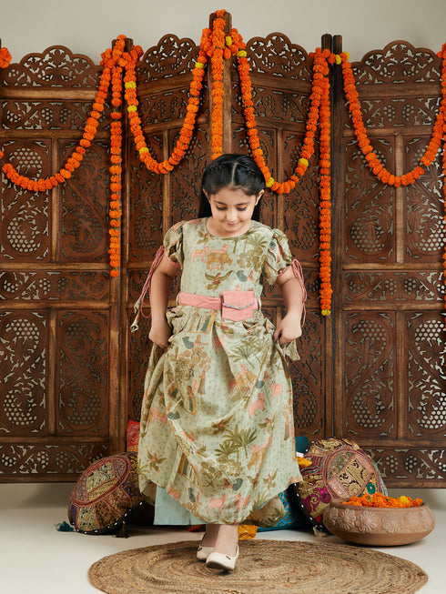 Girl's Green Ethnic Printed Long Dress