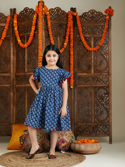 Girl's Blue Printed Frock