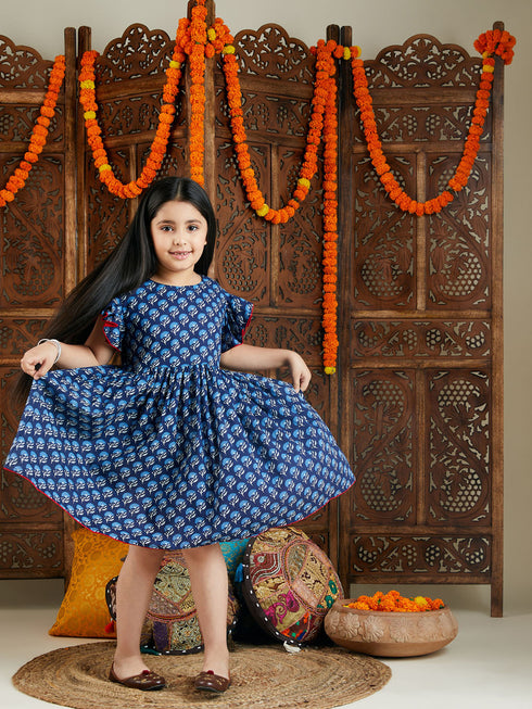 Girl's Blue Printed Frock