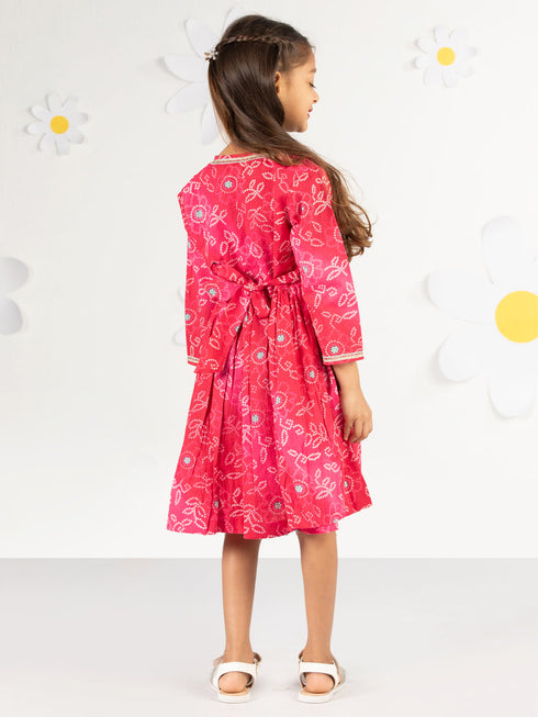 Girl's' Pink Color Bandhnai Print Angrakha Style Dress