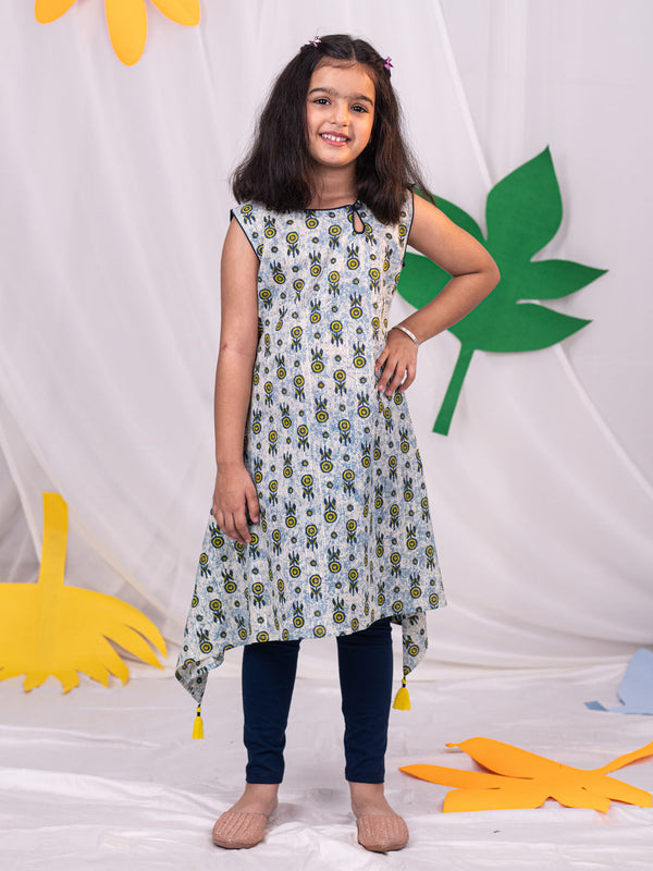 Girl's' Blue Printed Kurta Leggings Set