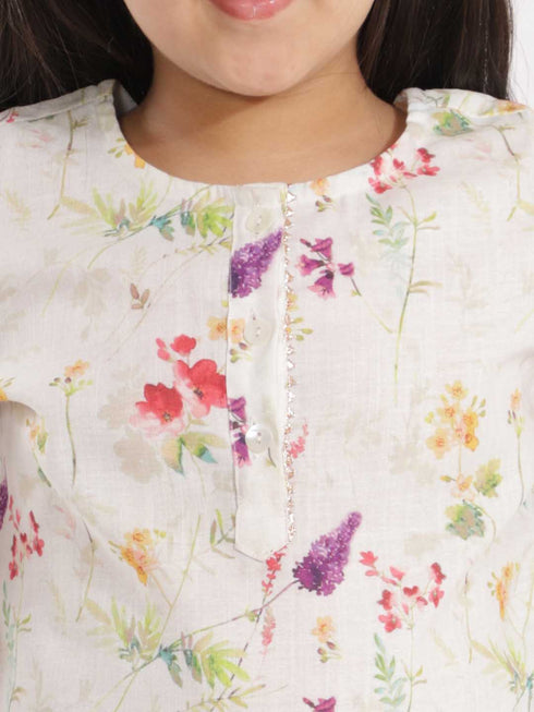 Girl's' Multicolor-Base Cream Kurta Pant Set