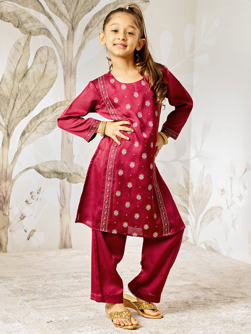Girl's Wine Silk Kurta - Ethnic Motif Foil Print Collection