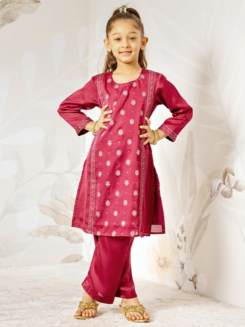 Girl's Wine Silk Kurta - Ethnic Motif Foil Print Collection