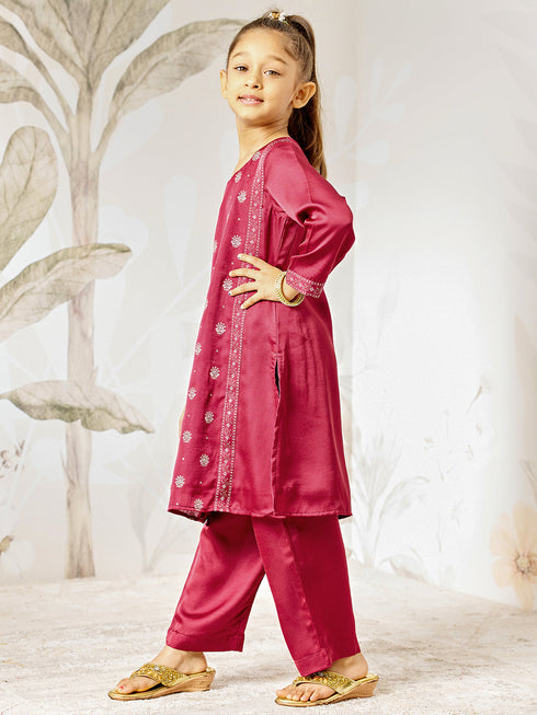 Girl's Wine Silk Kurta - Ethnic Motif Foil Print Collection