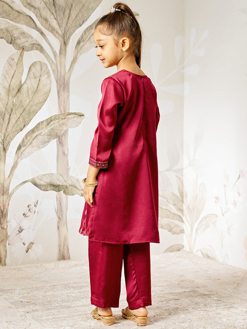 Girl's Wine Silk Kurta - Ethnic Motif Foil Print Collection