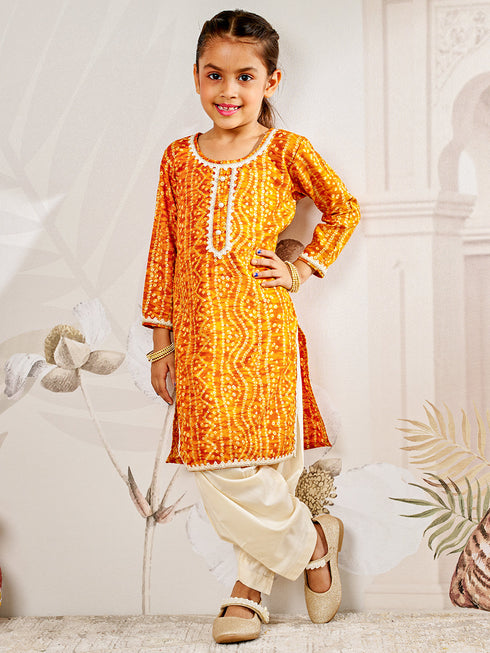 Girl's Mustard Bandhani Kurta Patiala Set