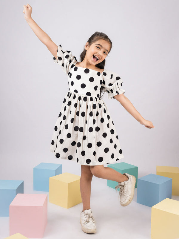 White Polka Dot Cotton Dress For Girl's