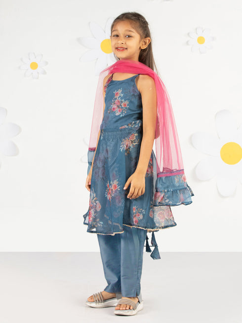 Girl's' Grey Floral Printed Anarkali And Pyjama With Ruffled Dupatta Set