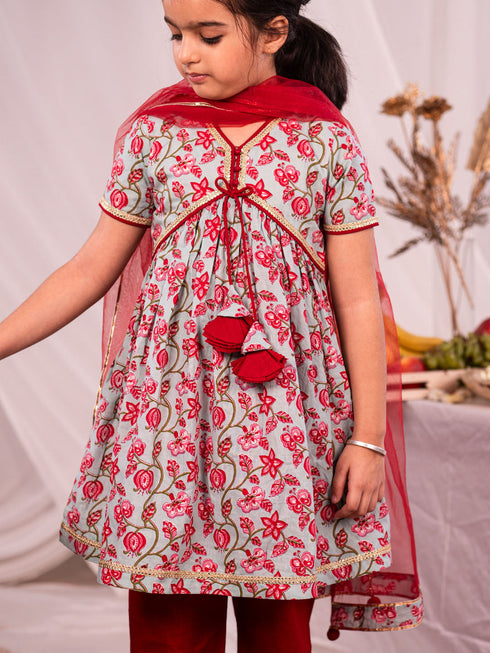 Girl's' Aqua And Red Kurta And Pant Set