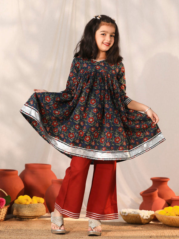 Girl's' Navy Blue And Rust Kurta Palazzo Set