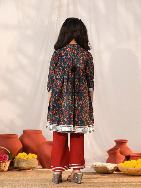 Girl's' Navy Blue And Rust Kurta Palazzo Set