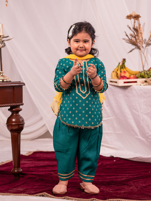 Girl's Green Kurta Salwar And Dupatta Set