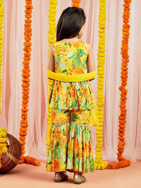 Girl's' Yellow Kurta Sharara And Dupatta Set