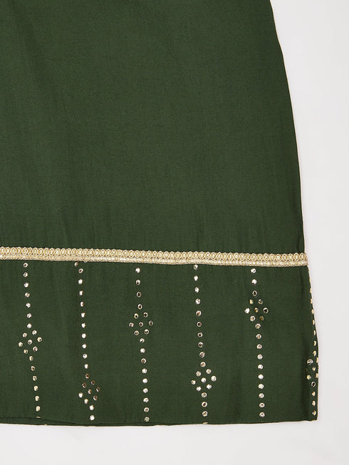 Girl's' Bottle Green Kurta Set With Dupatta
