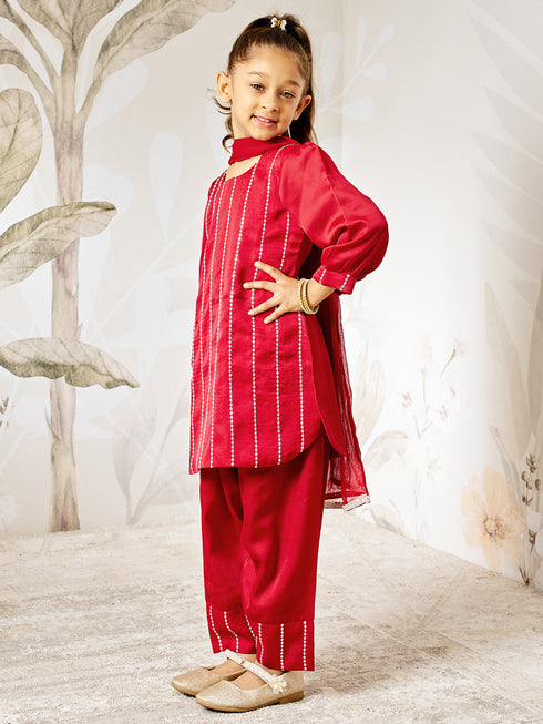 Girl's Maroon Sequin Kurta Patiala Set With Dupatta